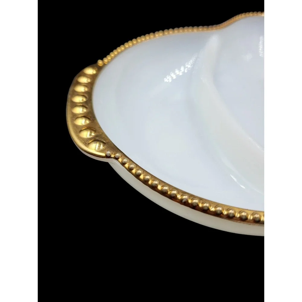 Fire King Anchor Hocking Milk Glass Divided Bright White Dish‎ Gilded Gold Trim